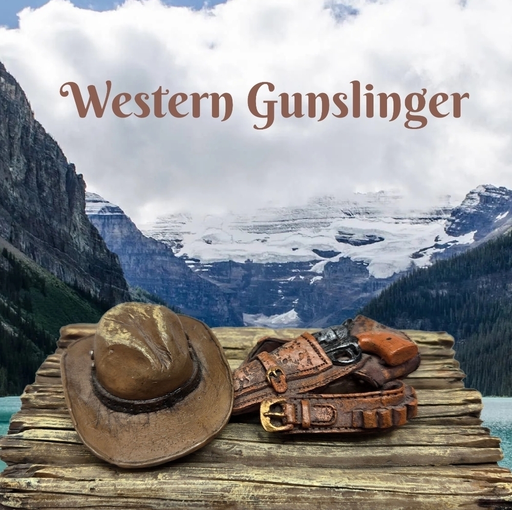 Western Gunslingers Hat Holster & Gun On Faux Wooden Raft Decor Cowboy Western - Picture 1 of 7